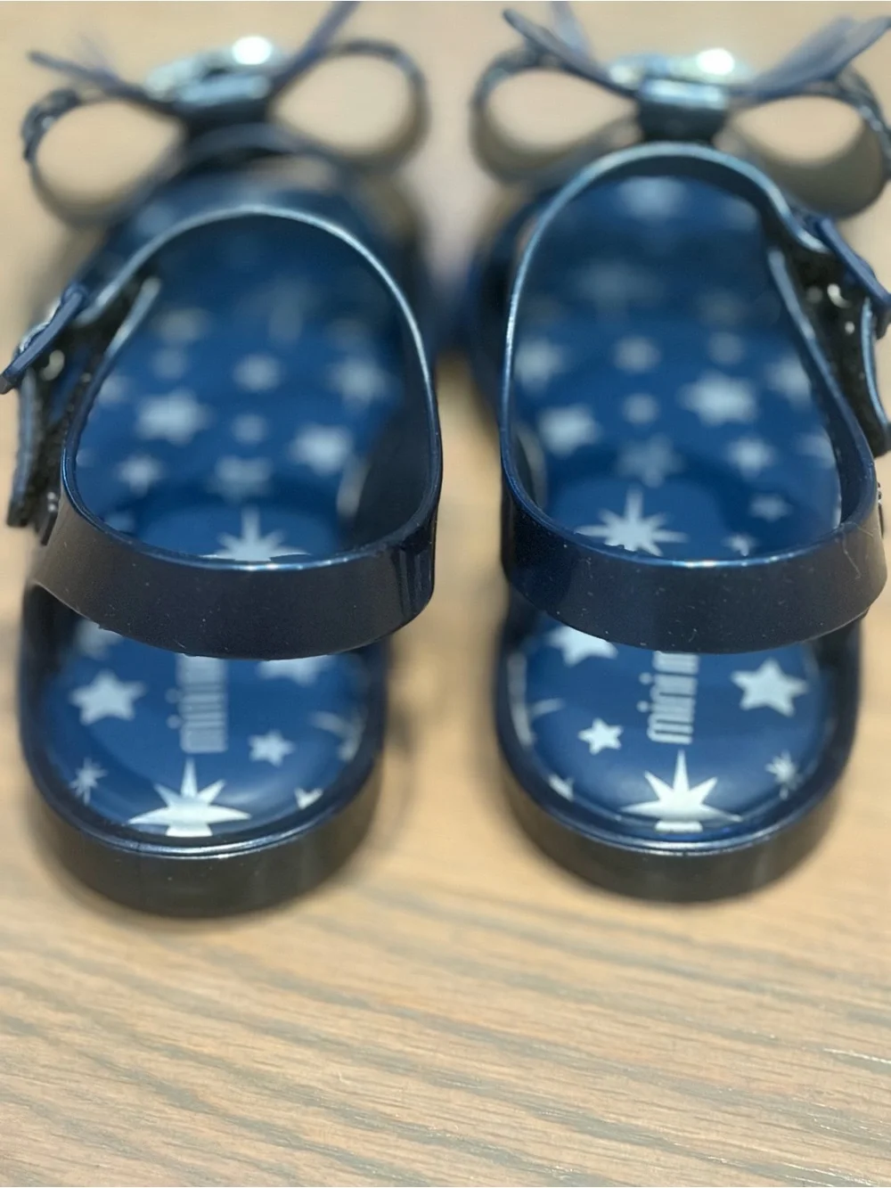 Mini Melissa Navy Star Jelly Sandals with Bow and Silver Star Accent. Never worn